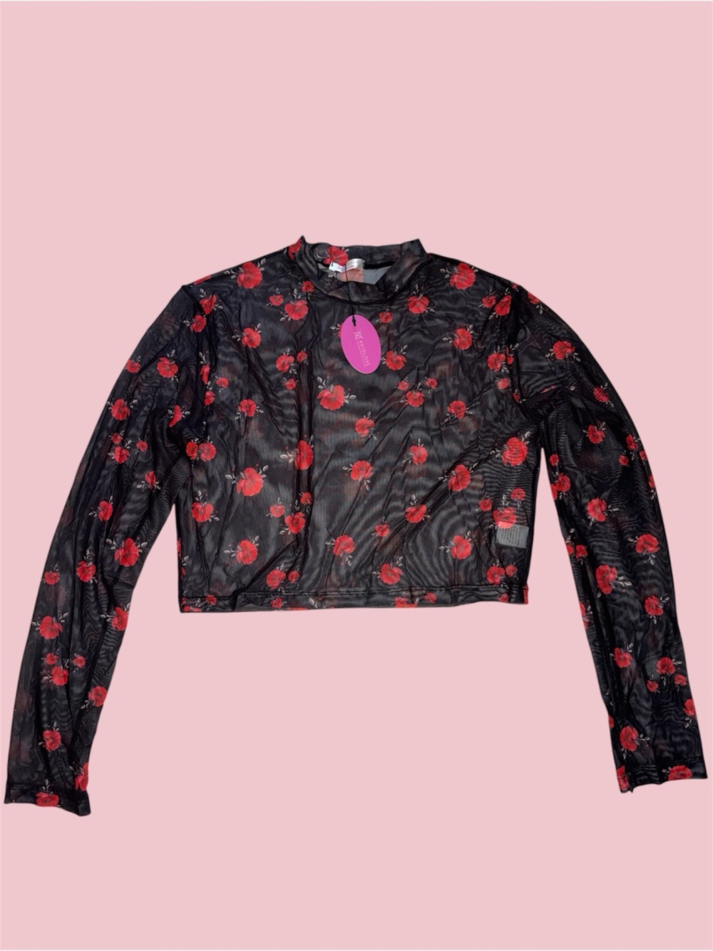 Avid Love Black Mesh Long Sleeve Crop Top with Red Floral Print